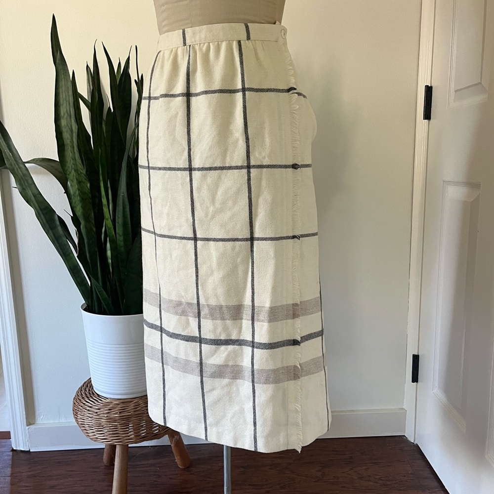 Vintage Wool Cream and Slate Midi Skirt Cottage Scandi